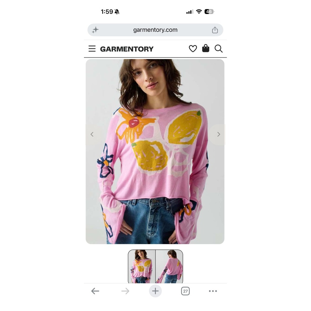 Lingua Franca Reina Crewneck Sweater Women S Pink EUC Lemon Floral Fruit Knit